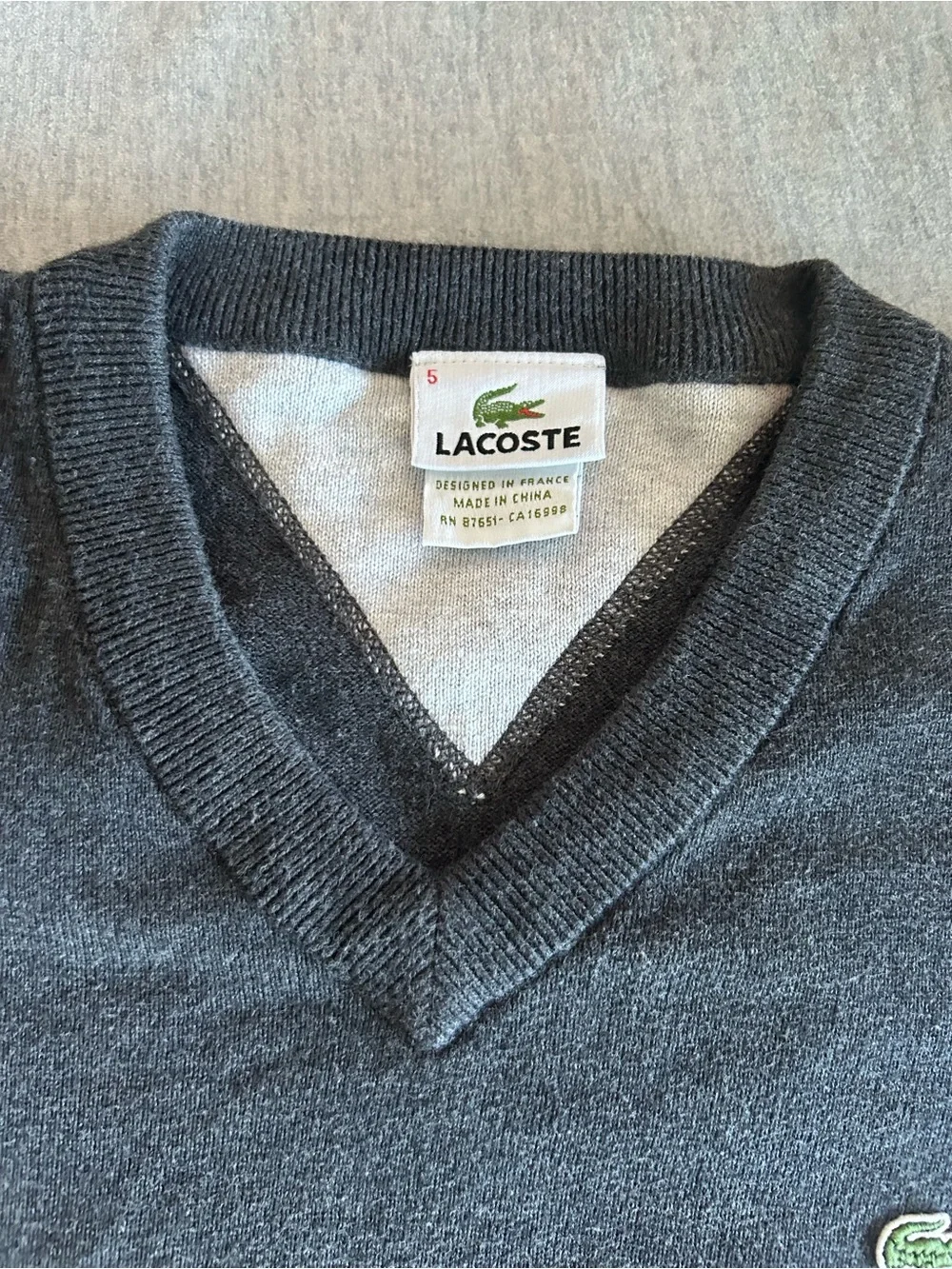 Lacoste Men's V-Neck Sweater Vest in Charcoal Gray L